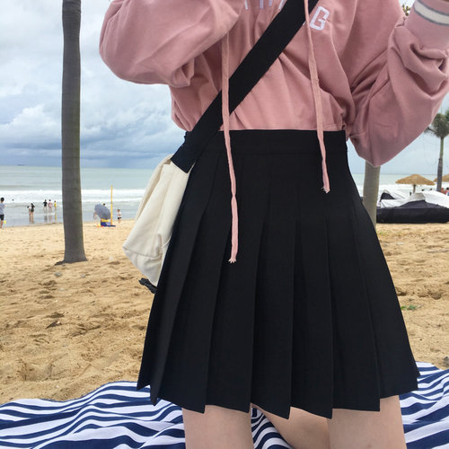 tb学院风百褶裙女春夏大码半身裙胖mm松紧腰a字显瘦jk短裙子高腰