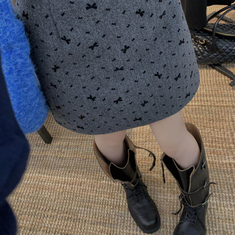 冬季韩系风高腰显瘦包臀A字裙灰色蝴蝶结植绒毛呢半身短裙子大码