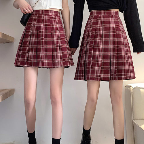 jk酒红格子高腰显瘦学院风半身裙