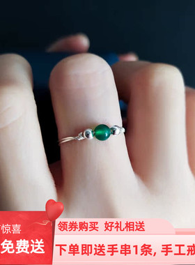 【护佑健康】999足银手工戒指女绿玛瑙健康胖手大号细款小指尾戒