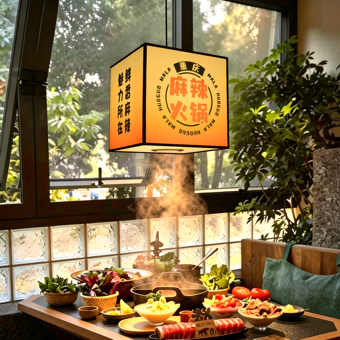 新中式方形串串火锅店吊灯 网红餐饮饭店卡座四人桌装饰灯具定制