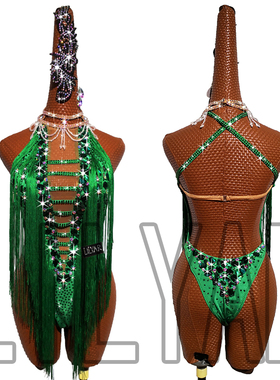 新款黎丽雅爵士舞拉丁舞SALSA比赛表演服绿色流苏钻石闪钻舞裙