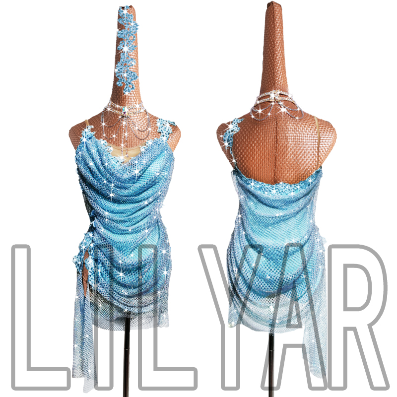 LILYAR新款拉丁舞比赛演出表演蓝色网眼布立裁修身绣花闪钻舞裙