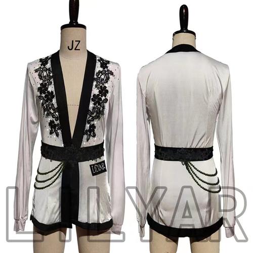 新款男士舞服黑色绣花白色V领