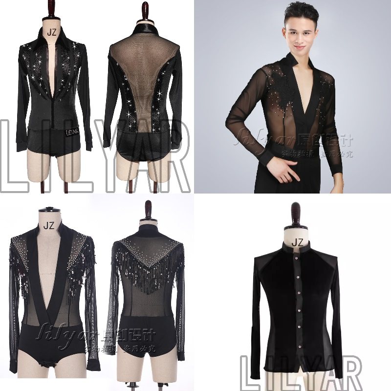 男士拉丁舞服上衣长袖T恤成人黑白色V领广场舞蹈各种尺码成人儿童