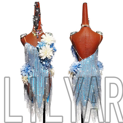 LILYAR新款蓝色流苏高档舞裙