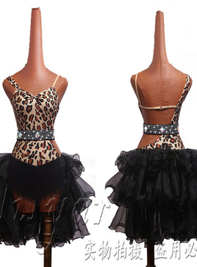 新款拉丁舞比赛服演出服豹纹表演服SALSA舞裙连体衣百褶裙摆定制