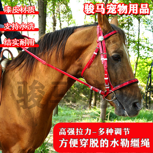 高端漆皮水勒缰绳套装含缰绳和马口衔水勒马嚼子全套马笼头套配件