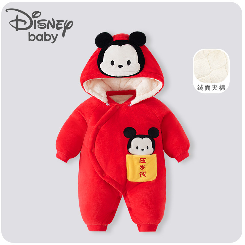 迪士尼红色新款婴幼儿过年喜庆衣服冬装新生宝宝冬季连体衣拜年服