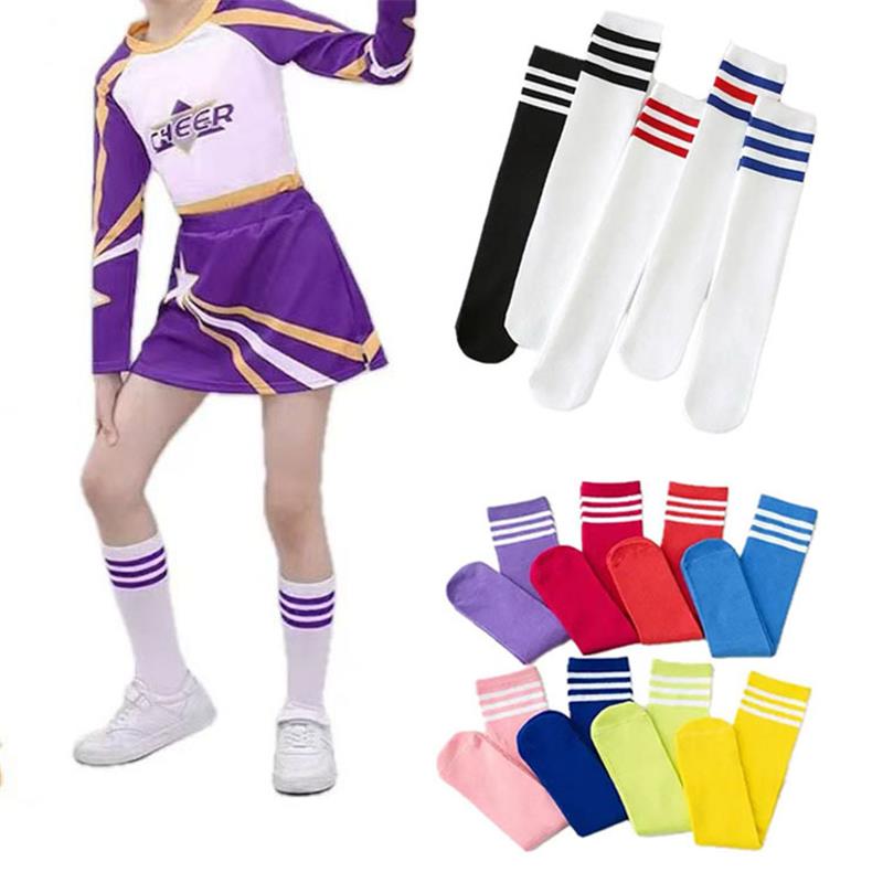 儿童中长筒足球袜学生紫色条纹男女童啦啦操舞蹈表演小腿袜运动袜
