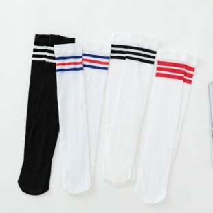儿童纯棉白黑条纹中筒袜运动高筒袜宝宝过膝长袜男童女童足球袜子