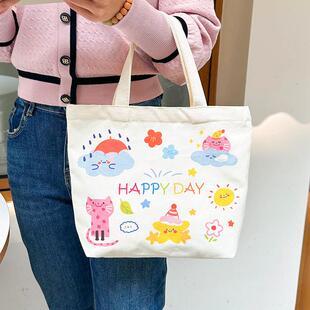 帆布包肩休闲可爱云朵厚实儿童印花学生通勤带拉链封口布袋补习袋