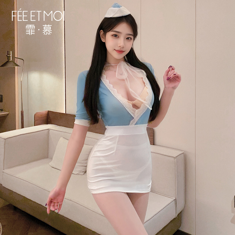 霏慕蕾丝花边纯欲空姐制服睡衣套装性感连衣裙包臀裙子诱惑女qqny