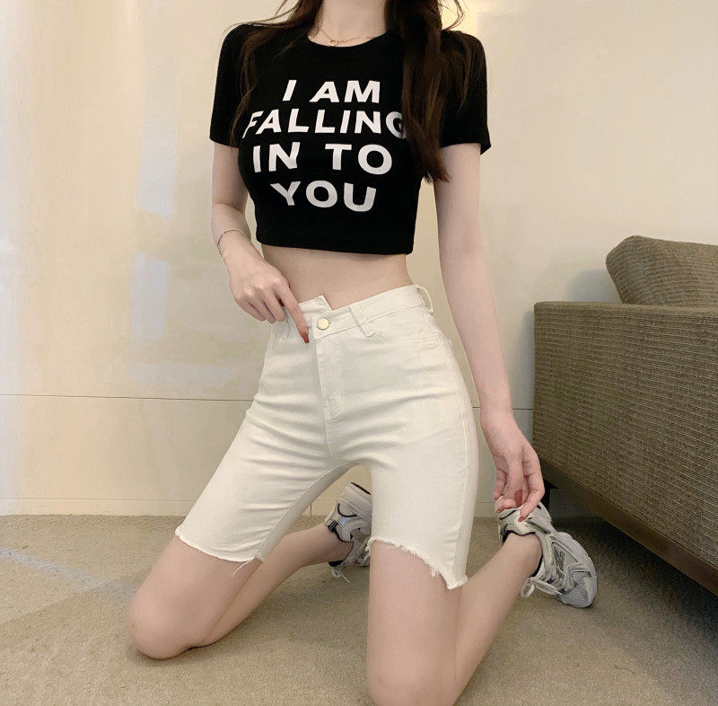 NET RED HONG KONG STYLE HIGH WAIST ELASTIC FOUR TO FIVE POINTS DENIM SHORTS WOMENS RIPPED TIGHTS SLIMMING IRREGULAR RIDING PANTS