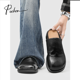 朴晨黑色包头半拖鞋男新款厚底休闲勃肯鞋百搭增高轻便老钱风皮鞋