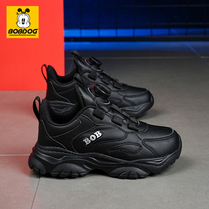 巴布豆男童运动鞋2026春秋新款黑色男女学生轻便减震跑步鞋魔术贴