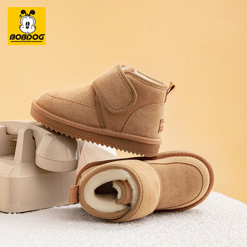 巴布豆儿童雪地靴真皮新款男童棉鞋靴子加厚冬季女童短靴皮毛一体
