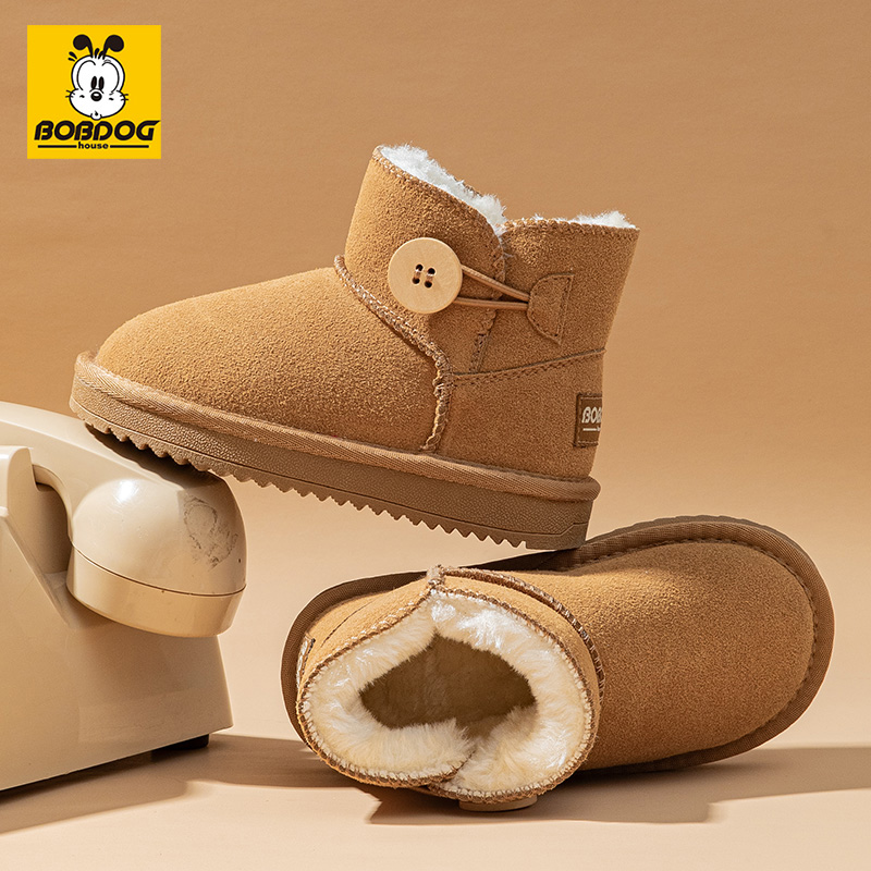 巴布豆儿童雪地靴2025新款女孩棉靴冬季男童短靴防水童鞋皮毛一体