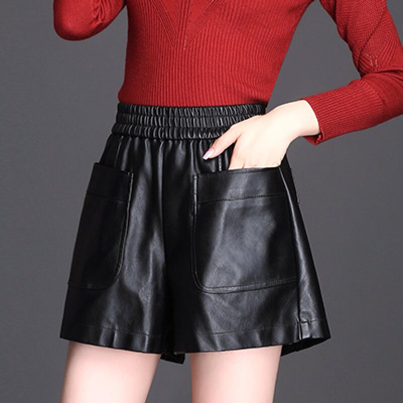 大码女装秋冬季PU皮短裤新款皮裤高腰显瘦阔腿裤宽松外穿打底靴裤