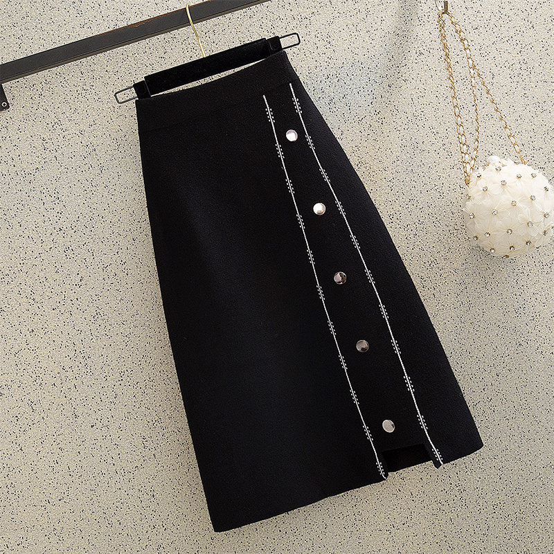 针织半身裙秋冬2020新款高腰韩版纽扣包臀裙中长款加厚毛线裙子潮