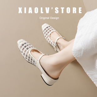 方头网纱包头凉鞋女新款2026夏季小香风配裙子镂空半拖大码41一43