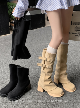 胖mm大筒围长筒靴女2025新款粗腿两穿库管靴高筒骑士靴大码女靴子