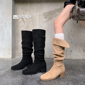 卡其色堆堆靴女大码 胖mm大筒围过膝靴粗腿高筒长筒靴两穿西部靴子