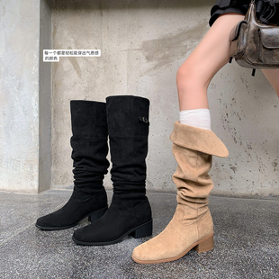 卡其色堆堆靴女大码 胖mm大筒围过膝靴粗腿高筒长筒靴两穿西部靴子