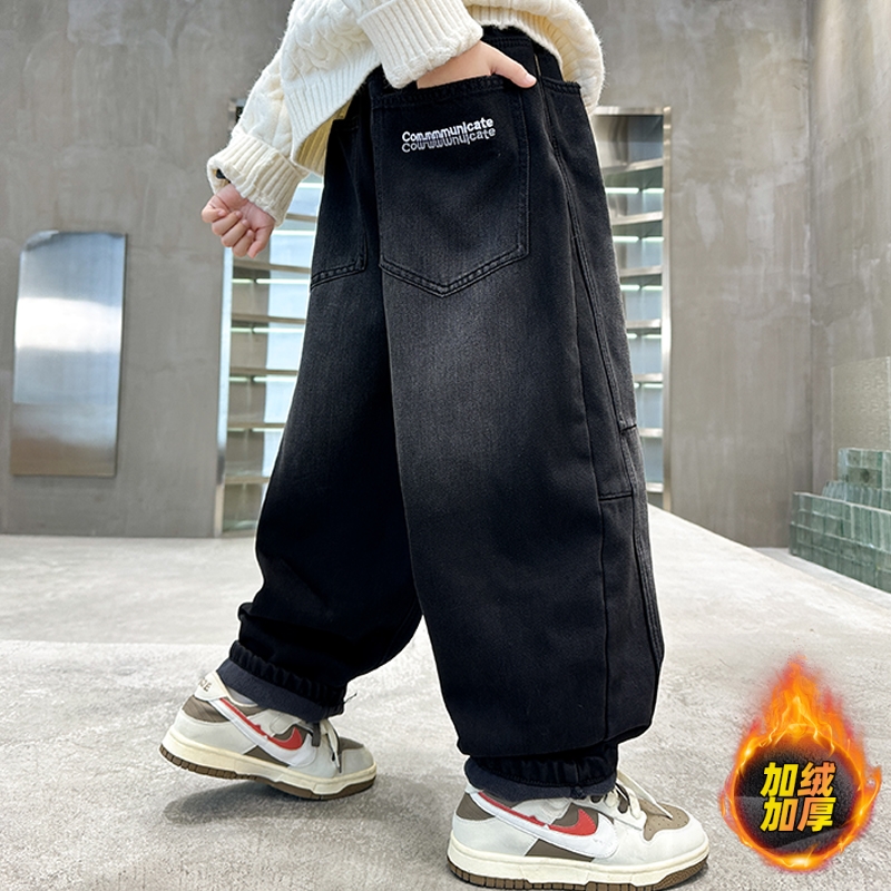 男童秋冬加绒牛仔裤2025新款