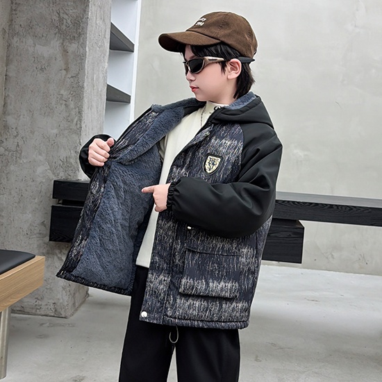 男童秋冬加绒派克服2025新款