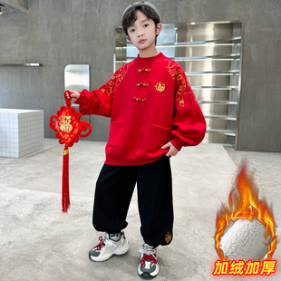 儿童装男童套装加绒冬季2026新款马年红色大童本命年衣服男孩卫衣