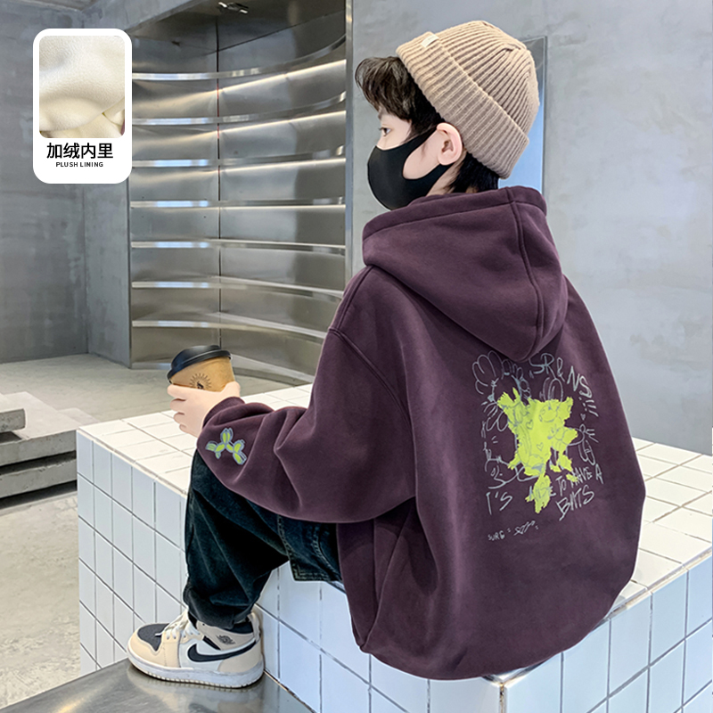 男童秋冬加绒连帽卫衣2025新款