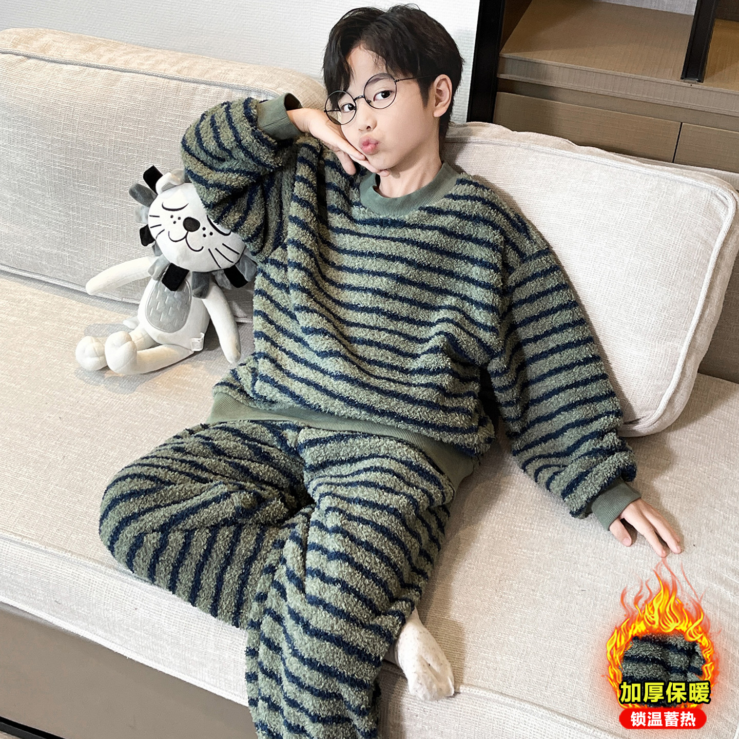 男童秋冬加绒家居服套装2025新款