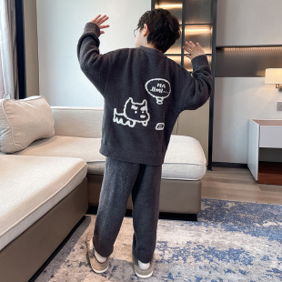 儿童男孩中大童冬季 男童睡衣冬装 2025款 秋冬款 加绒家居服潮 套装