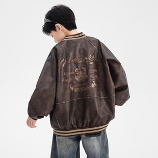 男孩春装 儿童装 中大童衣服春季 2026新款 酷帅皮衣潮 男童外套春秋款