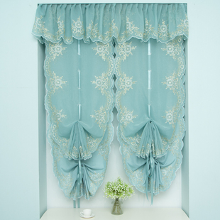 蓝绿色绣花短帘半帘纱 气球帘提拉帘现代纱帘飘窗罗马帘升降窗帘