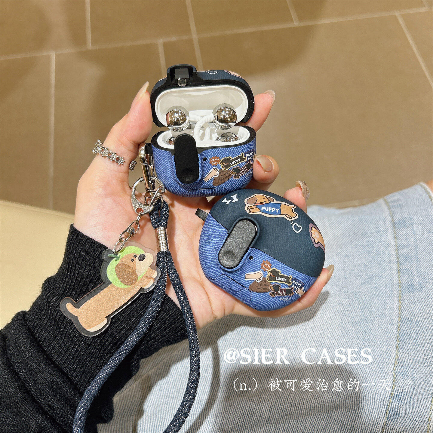 韩风牛仔蓝可爱腊肠狗适用华为freeclip2代耳机壳锁扣自动弹盖蓝牙freebudsPro5/7i防摔套clip耳夹二代保护壳