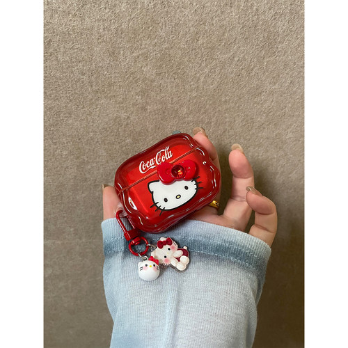 夏日可乐可爱Kitty猫适用苹果无线蓝牙AirPodsPro三代耳机壳AirPods4代女款AirPods1/2软硅胶3代防摔Pro2代套