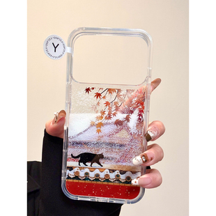 冬日北平的秋故宫白雪流沙黑猫适用iPhone18promax手机壳硬苹果17新款16pro全包14防摔15pm女17pro超好看独特