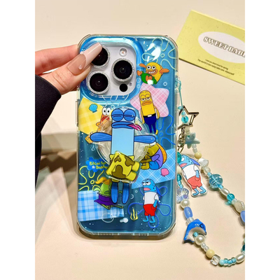 韩系线条涂鸦比奇堡丑鱼支架适用iphone15promax手机壳苹果16新款14pro女13promax全包15防摔16Pro独特超好看