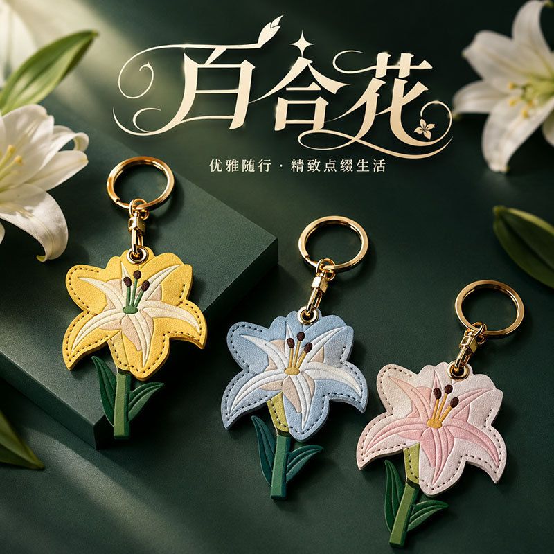 创意钥匙扣百合花皮革挂件高颜值门禁卡套airtag保护套包挂定制图片