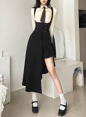 法式气质减龄显瘦收腰黑色背带裙女设计感洋气绑带百搭连衣裙 秋