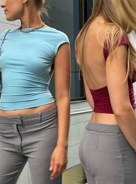 Backless Short Sleeve Blue Y2K Crop Top Women Casual T Shirt