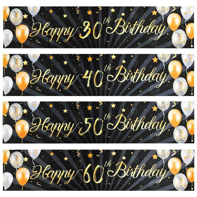 Black Gold Happy Birthday Banner Balloon Flag Adult 30th 40t