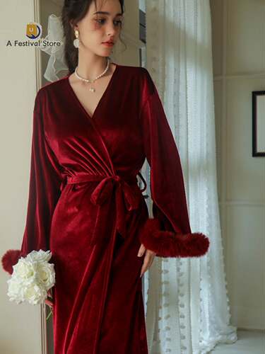 Bride Morning Robe Women's Long Feather Nightgown Weddin
