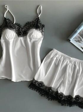 Women's Satin Pajama Set Lace Sling Sleepwear Two Pi