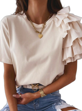 or Tops Short Ruffle Sleeve Round Neck Pullover TShirts Tees