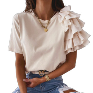 or Tops Short Ruffle Sleeve Round Neck Pullover TShirts Tees