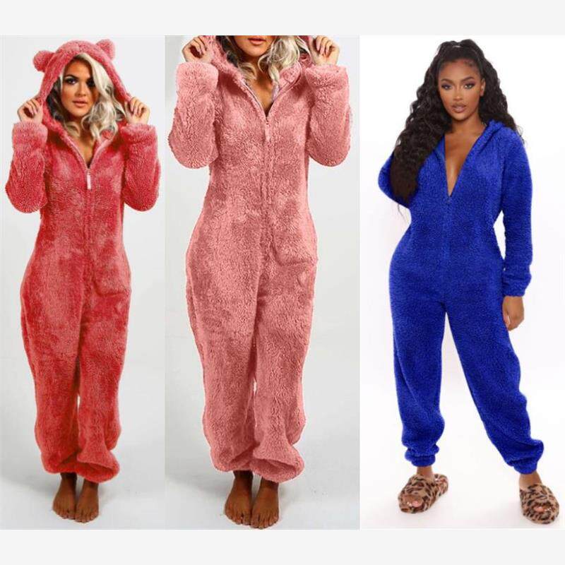欧美秋冬毛毛绒连体衣裤睡衣家居服女 jumpsuit homewear pajamas