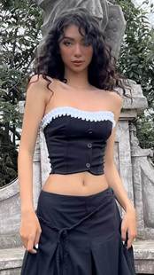 pleated bra Contrast lace 镂空撞色压褶花边抹胸上衣 top 修身